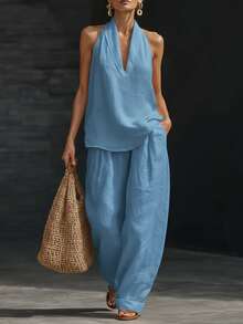 Conjunto mujer con escote en V tipo halter mezcla algodón y lino holgado - Azul - Ver 3
