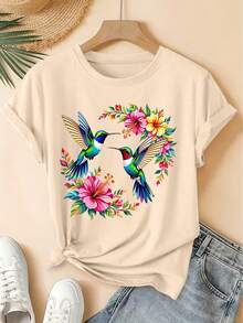 Women's Oversized Short-Sleeve T-Shirt, Spring/Summer 2026, With A Round Neck And Tropical Floral Hummingbird Print, Distressed Vintage Style, Casual Top, Soft Knit Fabric, High-Quality Women's Clothing. | Fun And Original Design | Suitable For Everyday Wear In Spring, Summer, And Autumn. | Fun And Youthful Top, 100% Cotton. - 杏色 - 查看 7