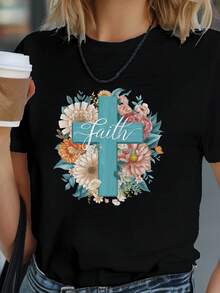 Camisetas de Algodón Oversize para Mujer 2026, Diseño Floral Cruzado Turquesa, Camiseta Cómoda y Suave para Uso Diario, Manga Corta - Negro - Ver 1