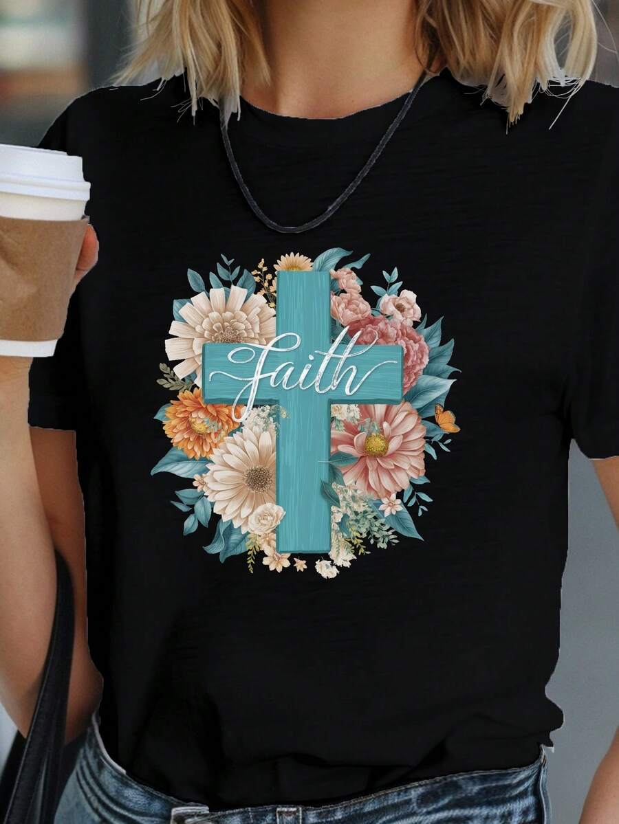 Camisetas de Algodón Oversize para Mujer 2026, Diseño Floral Cruzado Turquesa, Camiseta Cómoda y Suave para Uso Diario, Manga Corta - Negro - Ver 1