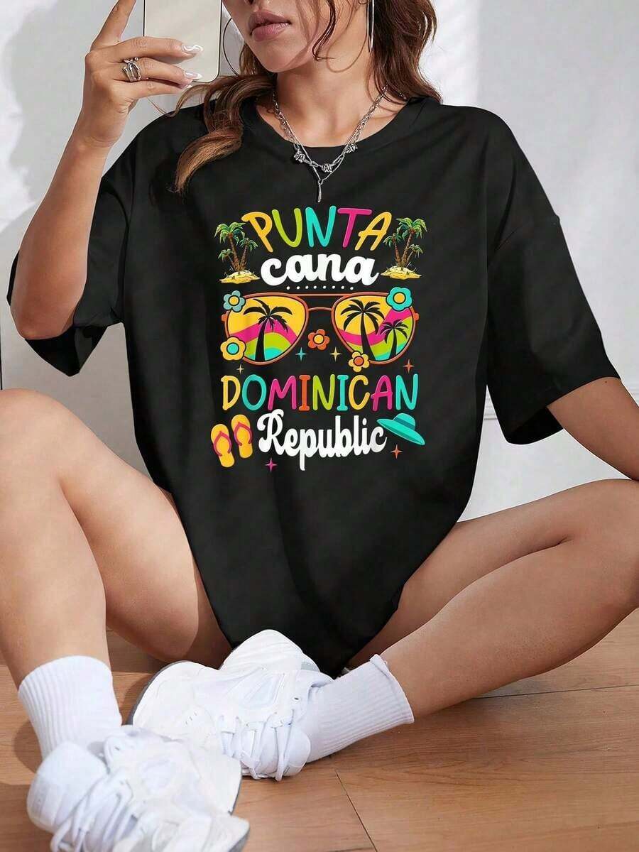 1 PcsWomen'S Tropical Punta Cana Dominican Republic Graphic T Shirt Soft Vacation Tee With Palm Trees & Beach Design, All Season Casual Shirt For Travel Souvenir Everyday Summer Outfits (Sizes S 2XL180g Cotton 100% - 黑色 3 - 查看 1
