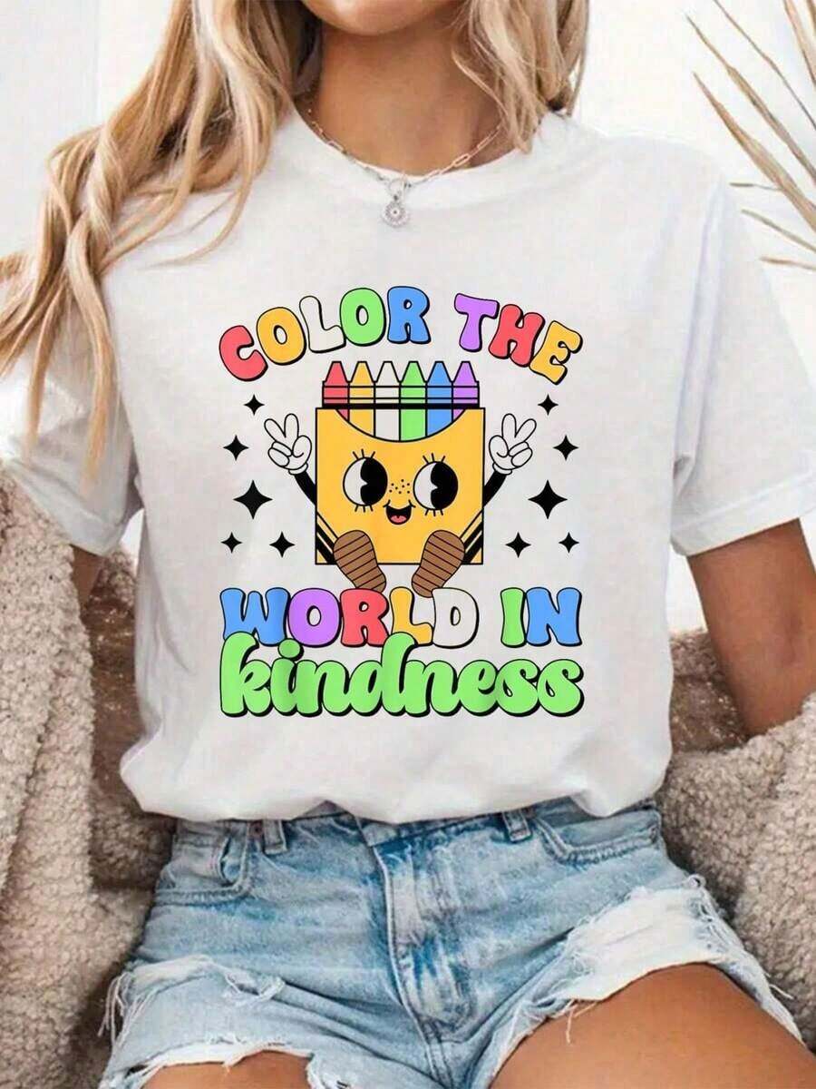 2026 Nuevos productos de gran : camiseta de algodón de cuello redondo para mujer, camiseta con diseño de lápiz de colores "Vuelve al cole" para maestras, es una opción ideal para el uso diario informal. Versátil y práctico, irradia un temperamento natural y elegante y es un artículo imprescindible para las fiestas de verano. - Blanco - Ver 1