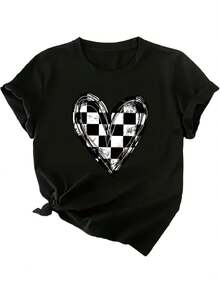 1 camiseta con diseño de corazones y patrón de cuadros blancos y negros, de manga corta y cuello redondo para mujer, de tela transpirable y ligera, lavable a máquina, cómoda y elegante, 180g 100% algodón. - Negro - Ver 1