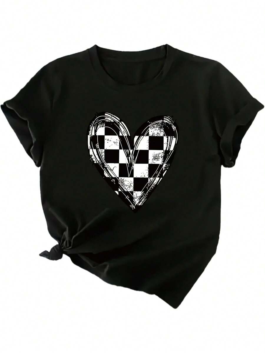 1 camiseta con diseño de corazones y patrón de cuadros blancos y negros, de manga corta y cuello redondo para mujer, de tela transpirable y ligera, lavable a máquina, cómoda y elegante, 180g 100% algodón. - Negro - Ver 1