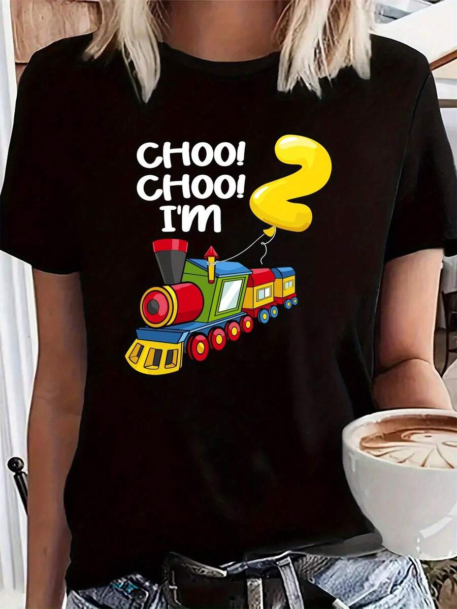 Camiseta de Mujer con Estampado de Tren ¡Woo-woo! ¡Woo-woo! ¡Tengo 2 años! - Camiseta suave de manga corta y cuello redondo, con diseños de locomotora y silbato, lavable aáquina, para fiestas temáticas, uso diario y para todas las estaciones - Camiseta Unisex de Estilo Urbano Vintage, de Algodón, Manga Corta y Cuello Redondo - Negro - Ver 1
