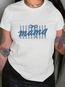 Camiseta de mujer con estampado de rayas y lazo, top casual de manga corta y cuello redondo, adecuada para verano y primavera, ropa de mujer, tops para mujer. - Blanco - Ver 1
