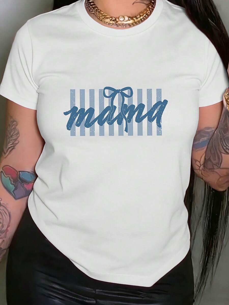 Camiseta de mujer con estampado de rayas y lazo, top casual de manga corta y cuello redondo, adecuada para verano y primavera, ropa de mujer, tops para mujer. - Blanco - Ver 1