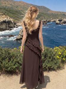 SUNSTORY Women's Elegant Sexy Minimalist Charming Daily Casual Dress, Asymmetric/Asymmetrical Slit, Woven Fabric, Slim Fit, Long Dress Suitable For Night Out, Party, Holiday, Office, Home, Birthday, Date, Formal Occasion, Graduation, Music Festival, Wedding - Brown - View 10