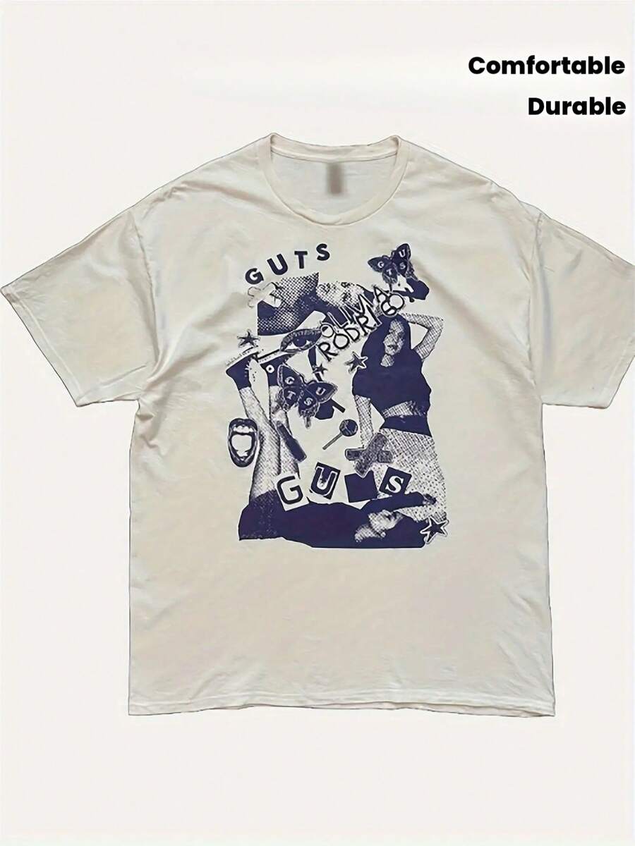 Camiseta Gráfica de la Gira Mundial "Guts" de Olivia Rodrigo para Hombres - Adecuada para Todas las Estaciones, Cómoda y Duradera (Regalo Ideal para Fans) - Negro - Ver 1