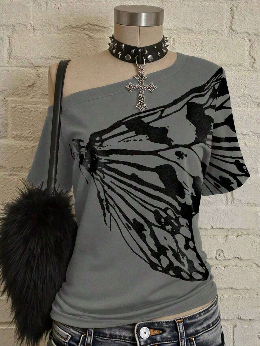 Camiseta asimétrica de mujer con estampado de mariposa retro Y2K, estilo casual suelto de manga corta sexy de moda punk rock - Multicolor 3 - Ver 1