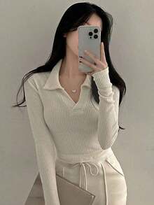 Camiseta corta de mujer de unicolor con cuello polo ajustada, ropa de otoño y vuelta al colegio, tops de mujer de manga larga - Albaricoque - Ver 8