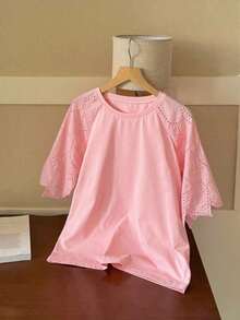 Camiseta casual de ciudad elegante de manga corta con parches de encaje para mujer - Rosa - Ver 4