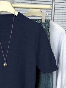 Suéter de punto de cuello redondo de manga corta para mujer, de unicolor casual para uso diario, jersey ligero minimalista y lindo, top de verano para mujer, conjunto de verano para mujer, suéter de punto de verano, top de verano adorable para mujer - Azul marino - Ver 3