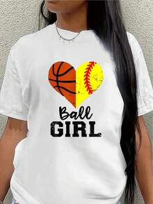 Women's Short-Sleeved T-Shirt, Printed With Basketball And Softball Heart Motifs, Is Perfect For Sports Enthusiasts, Lightweight And Durable, Ideal For Game Days Or Casual Wear. - 白色 - 查看 7