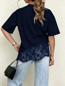 Spring New Solid Color Knit Fabric Lace Patchwork Short Sleeve T-Shirt, Casual, Sports, Office Wear For Spring/Summer - Royal Blue - View 2