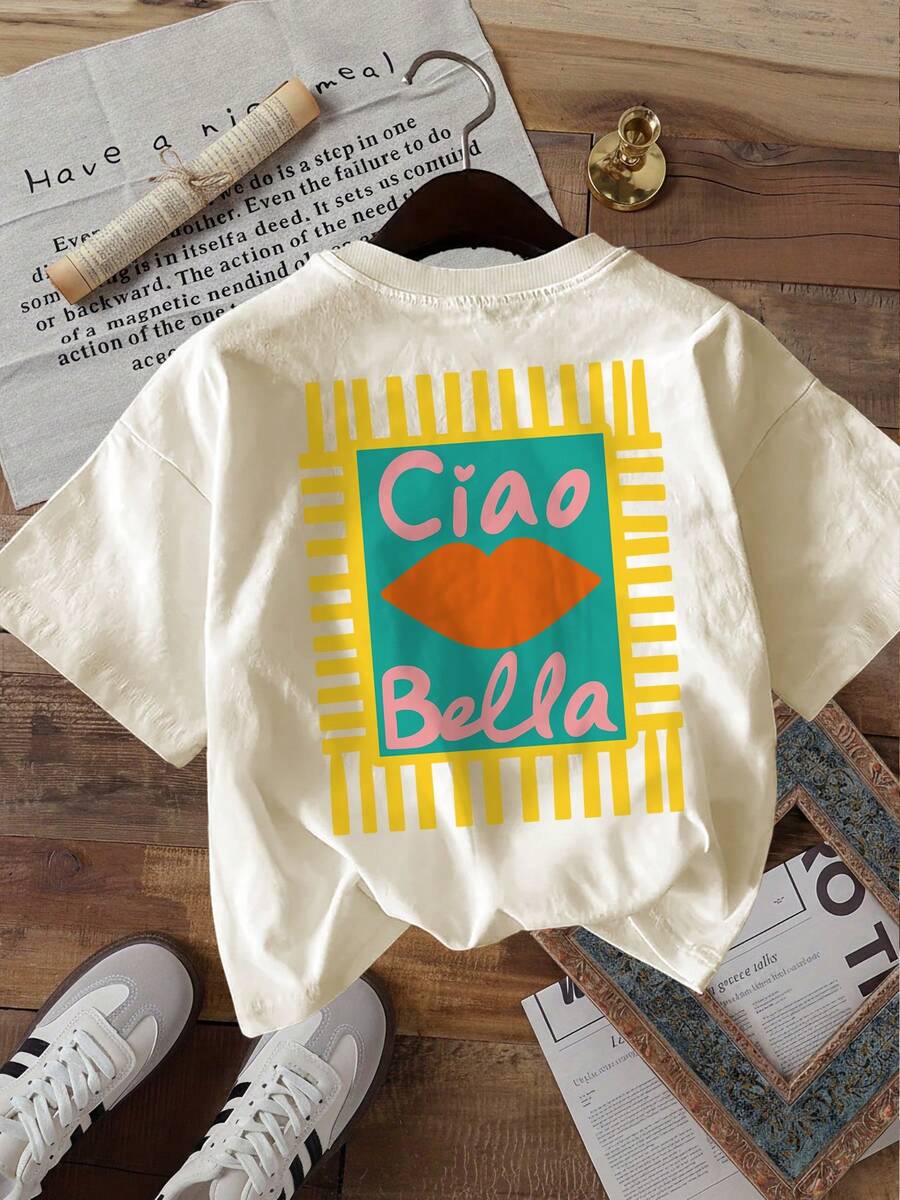Women's Graphic Print T-Shirts, Short Sleeve Round Neck T-Shirt, Casual Top For Summer And Spring, Women's Clothing, Casual Blouses For Ladies. - 杏色 - 查看 1