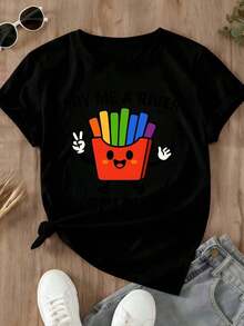 Camiseta Bonita con Estampado de Papas Fritas Arcoíris y "Fry Me A River Of Love" para Atuendos Casuales y Deportivos - Estilo Urbano Vintage Unisex, Camiseta de Manga Corta de Algodón Suelto con Cuello Redondo, 100% Algodón - Negro - Ver 3