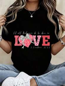 Camiseta Casual de Mujer a la Moda con Estampado de Corazón, Lazo y Diseño de Leopardo para el Día de San Valentín y Uso Casual - Negro - Ver 6