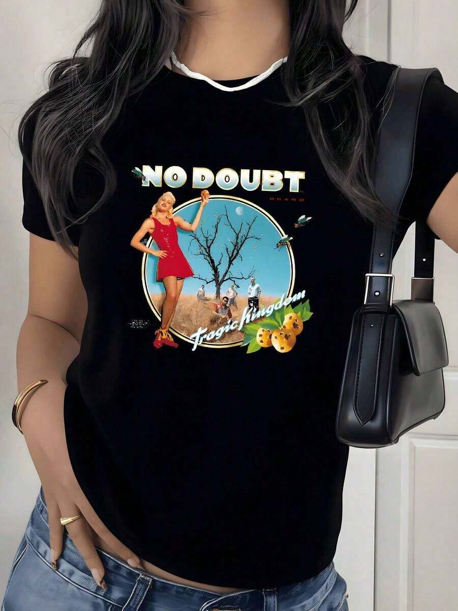 Retro Fruit Landscape Graphic Print T-Shirt, 180g, 1 Piece, Vintage Style, Casual For Women, 100% Cotton, Streetwear Style - 黑色 - 查看 1