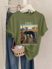 Dali's Memory: El Gato Negro Persistente, una camiseta de mujer para primavera/verano con estampados de elementos artísticos surrealistas, diseño ajustado, cuello redondo, adecuada para uso diario informal, ¡nuevo modelo 2026! Cómoda y suave, camiseta de algodón para el día a día. - Blanco - Ver 10