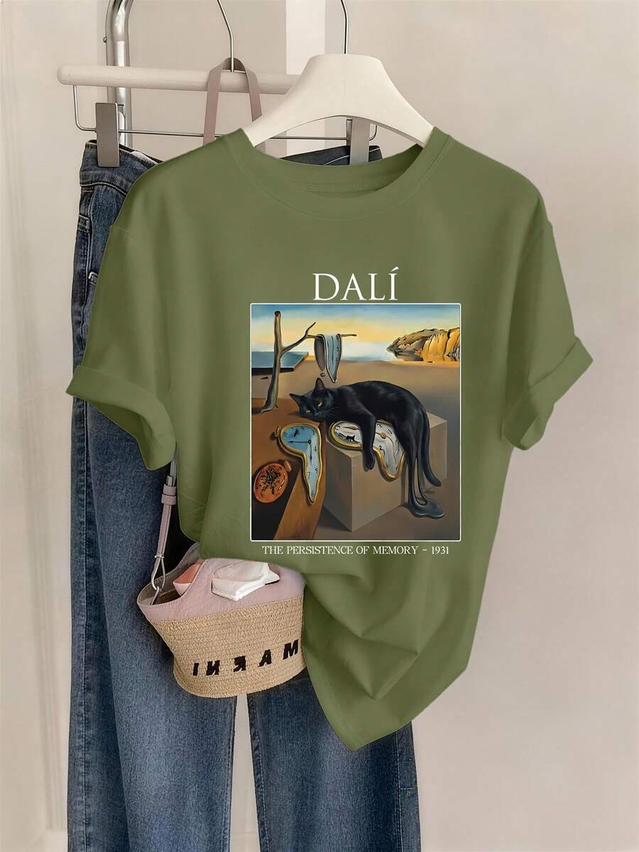 Dali's Memory: The Persistent Black Cat, A Women's Spring/Summer T-Shirt With Surrealist Art Prints, Fitted Design, Round Neck, Suitable For Casual Everyday Wear, New 2026 Style! Comfortable And Soft, Cotton T-Shirt For Everyday Wear. - 軍綠色 - 查看 1