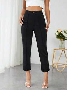 PETITE Pantalones De Mujer De Primavera De Cintura Alta Con Pliegue Prensado Cónico - Negro - Ver 1