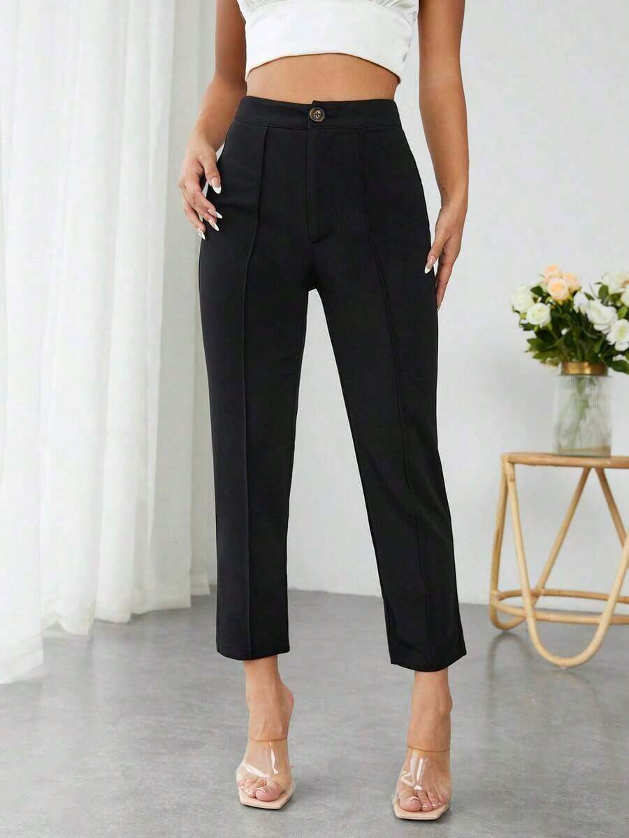 PETITE Pantalones De Mujer De Primavera De Cintura Alta Con Pliegue Prensado Cónico - Negro - Ver 1