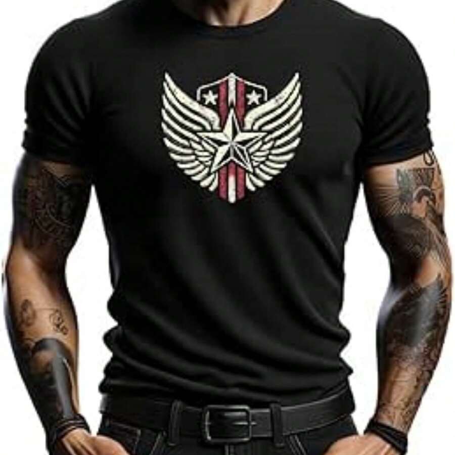 4people Camiseta de Manga Corta para Hombre con Estampado de alas y Estrellas, Estilo Militar, Color Negro, Negro, XG - Negro - Ver 1