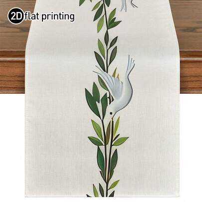 1pc Modern Minimalist Olive Branch & Dove Print Table Runner, Microwave Dust Cover, Protective Cover, Available In Multiple Sizes, Suitable For Home Dining, Kitchen Decor, Home Decor, Outdoor Party And Restaurant Decoration, Linen Texture Appearance