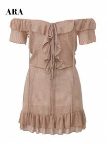 Mono corto de punto vintage con hombros descubiertos para mujer ARA CHIC, con bajo con volantes, calado y malla, estilo casual retro de los 90 - Marrón - Ver 10