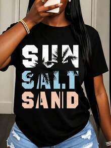 Camiseta de Mujer con Estampado de Palmeras, Sol y Arena, Estilo Veraniego, Ropa Casual para Vacaciones en la Playa - Negro - Ver 6