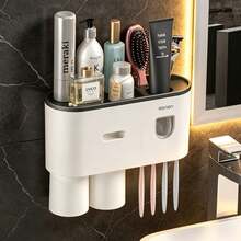 Toothbrush And Toothpaste Holder, Wall-Mounted Design, Equipped With 4 Slots And 2 Cup Holders. The Bathroom Storage Rack Has A Drawer, Saving Space And Making It Convenient For Organizing The Family Bathroom. - View 3