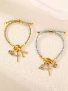 1 pièce/2 pièces Ensemble de bracelets tressés avec couronne en forme de cœur ornée de strass or et argent, convient pour la décoration quotidienne - Multicolore - Voir 11