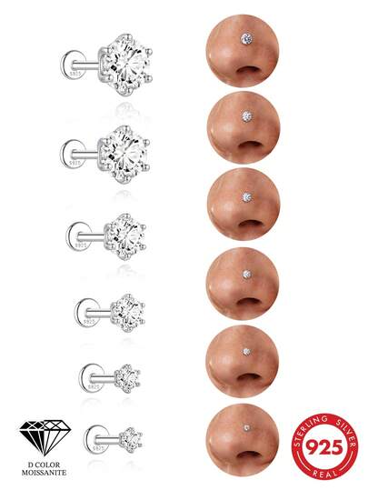 1 pieza Pendiente de nariz de plata de ley 925 con moissanita, montura de seis garras, sencillez clásica (2.5-7mm) Pendiente hipoalergénico de plata pura apto para mujeres para uso diario, citas, vacaciones, bodas, fiestas, regalo de fiesta