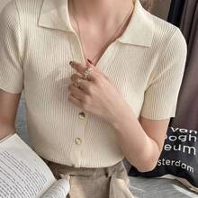 Camiseta de punto con cuello polo y mangas raglán cortas para mujer, nueva para primavera/verano, cárdigan casual ligero - Negro - Ver 5