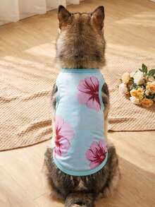 LUCKIE LABO 1 pieza Chaleco de verano transpirable con estampado floral hawaiano para gatos y perros, apto para uso en interiores y exteriores - Celeste - Ver 2