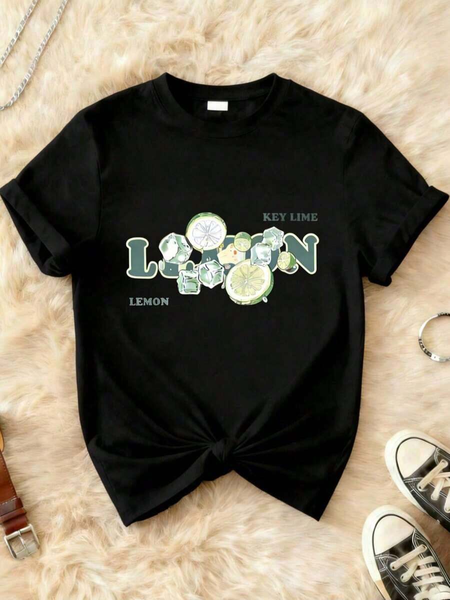 1 Piece Of Women's Short-Sleeved Crew Neck T-Shirt, 100% Cotton, With A Graphic Print Of Lemons And Limes With Ice Cubes, Soft, Breathable, Casual Loose Fit For Everyday Summer Wear And Vacation Outfits. 180g 100% Cotton, Prints Are Fully Printed. Unisex. - 黑色 - 查看 1