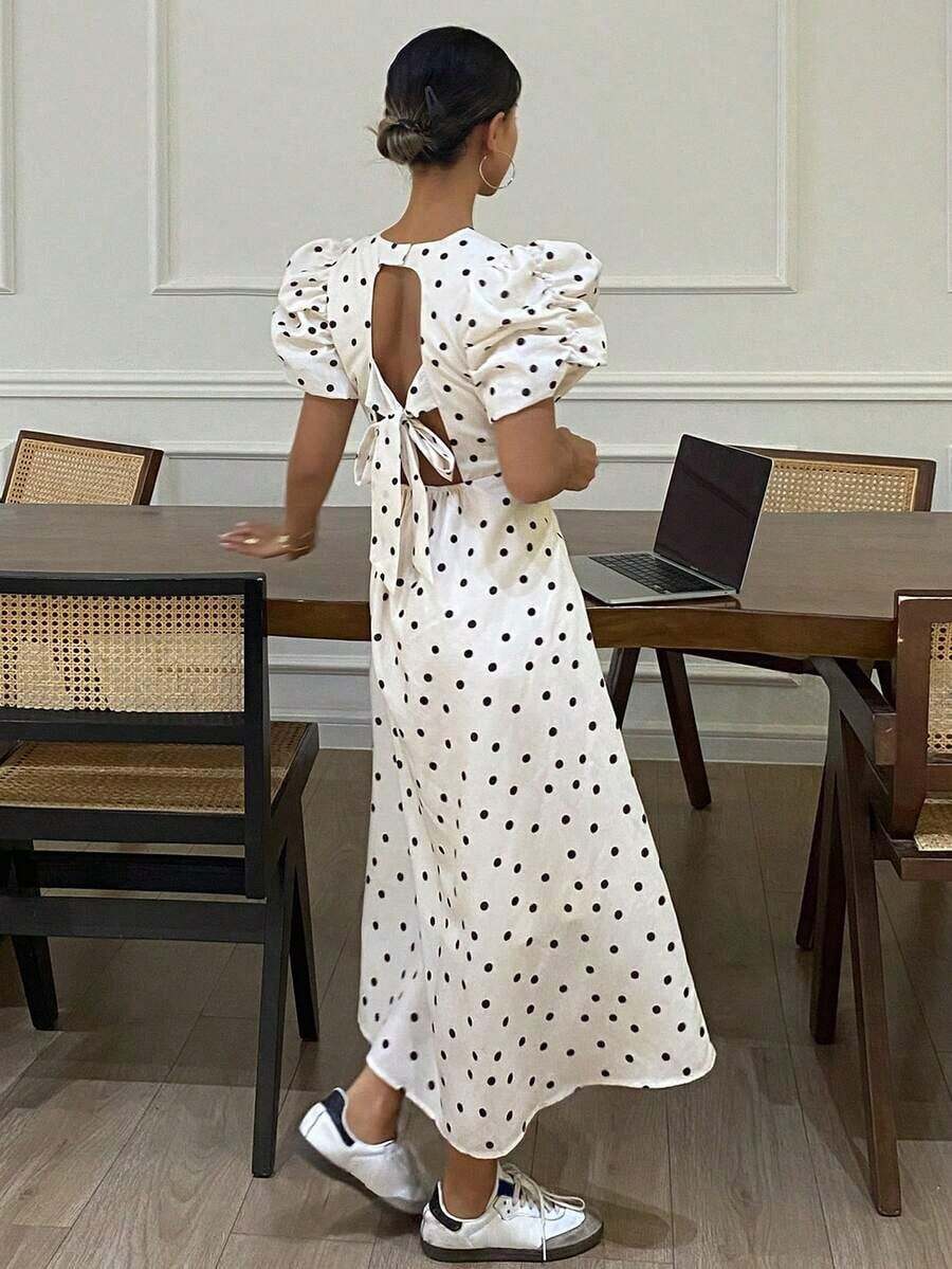 Vestido de verano para mujer con estampado de lunares, cuello redondo y manga corta - Blanco - Ver 1