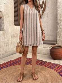 Vestido casual de mujer de mini longitud, sin mangas, con cuello en V y rayas, para vacaciones - Marrón - Ver 4
