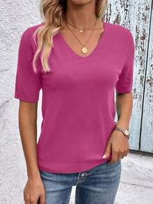 Blusa de punto de manga corta regular con cuello en V casual y versátil - Rosa Fucsia - Ver 3