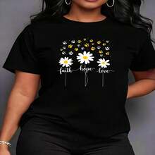 1 Piece Of 100% Cotton Short-Sleeved T-Shirt, Casual Round Neck With Print, Daisy Flower Design, With Claw Marks And The Words Faith, Hope, Love, Breathable Short Sleeves For Everyday Wear - 黑色 - 查看 2