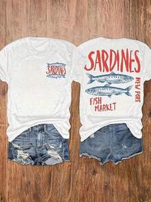 Camiseta 100% Algodón Puro de 180g con Estampado de Sardinas, Pescado, Texto.Camisa de Verano para Mujer con Cuello Redondo Relajado, Corte Holgado, Tacto Suave, Material Transpirable - Blanco - Ver 6