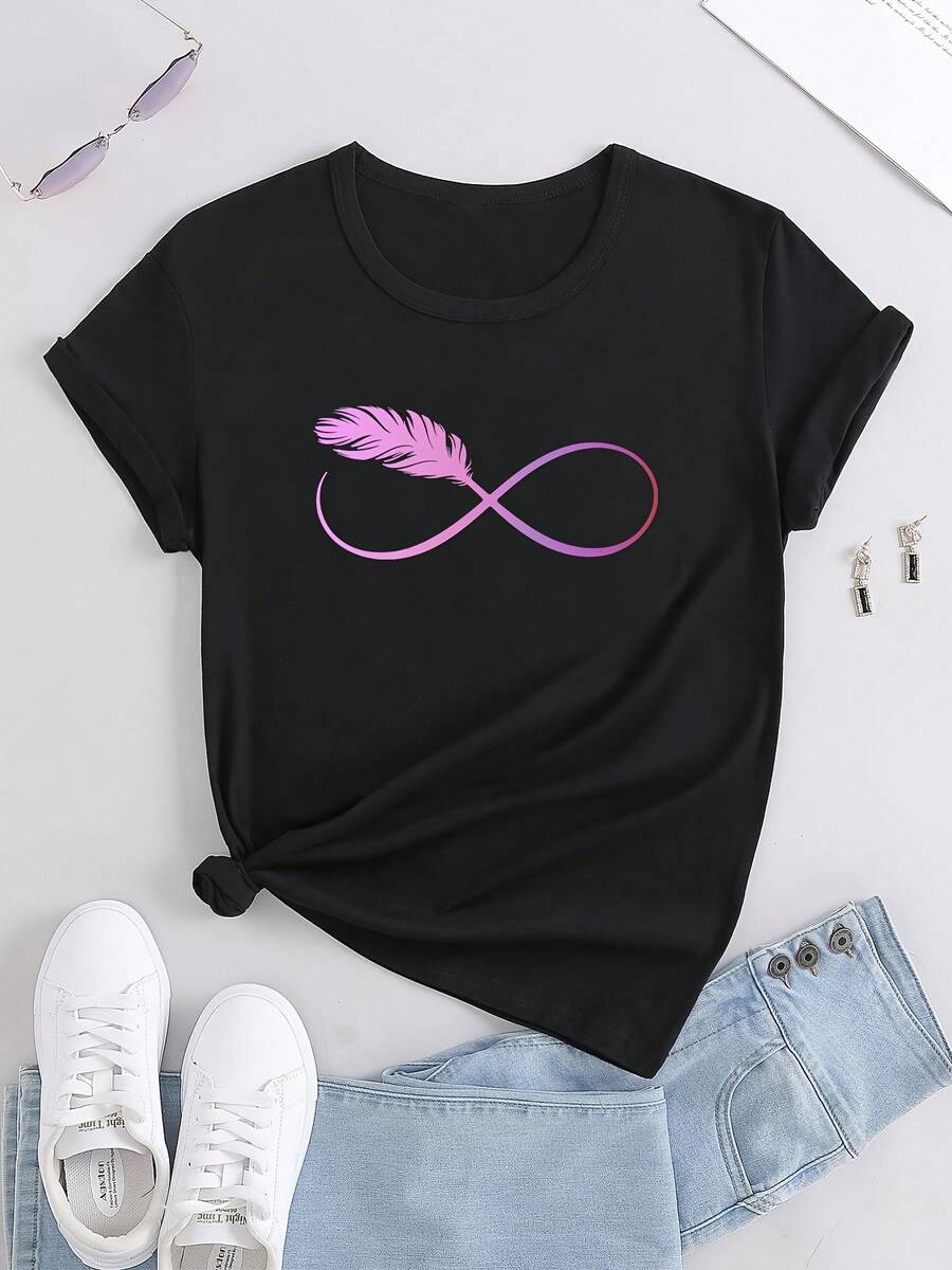 Casual Loose-Fitting Short-Sleeved Summer T-Shirt With Gradient Pink Infinity Symbol Print - Hitam - View 1