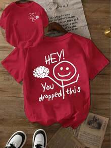 Camiseta de manga corta de gran tamaño, con estampado de figura de dibujos animados simple a doble cara, estilo casual, cuello redondo, ropa de mujer - Camiseta unisex de algodón 100% estilo vintage urbano, holgada. - Rojo - Ver 6
