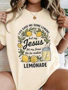LIFE GAVE ME SOME NUTS, BUT MY JESUS IS MAKING LEMONADE - Graphic T-Shirt, Casual Short Sleeve Crew Neck T-Shirt With Lemon And Mason Jar Illustration, Soft And Breathable Cotton T-Shirt For Everyday Wear, Comfortable And Stylish Summer Top. 100% Pure Cotton Crew Neck Casual T-Shirt, Basic Short Sleeve T-Shirt For Women - Casual Summer Tops With Simple Graphic Print, Perfect Gift Idea For Mother's Day. Suitable For Spring, Summer, And Autumn. - 杏色 - 查看 6