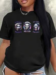 Camiseta de manga corta, ligera y duradera, con diseño de calaveras, es perfecta para el ocio en casa o para salir a comer, destacando por sus colores brillantes y su ajuste cómodo. - Negro - Ver 7
