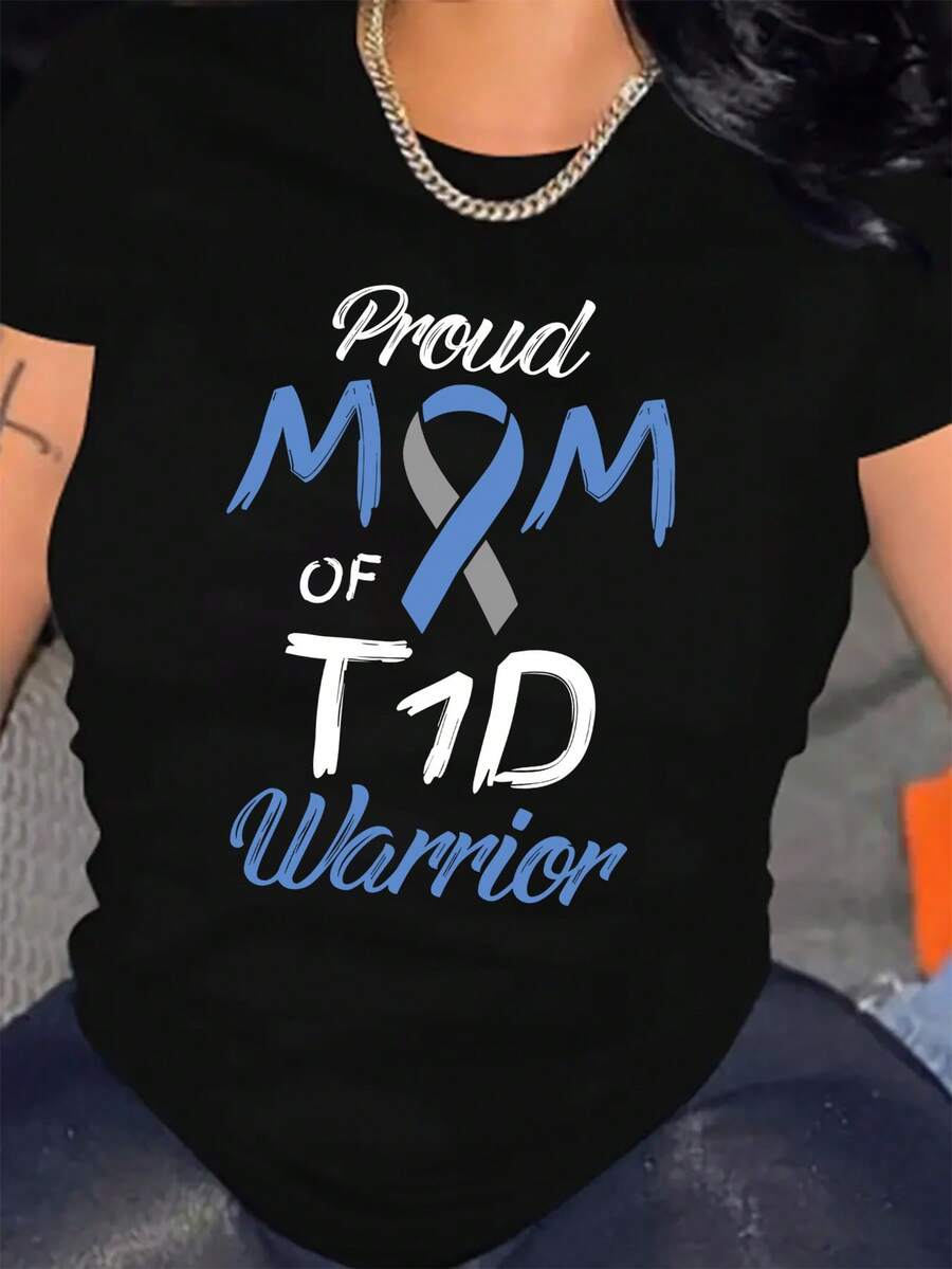 Camiseta de Talla para Mujer, Mamá Guerrera Orgullosa de la Diabetes Tipo 1 - Diseño de Lazo de Concientización sobre la Diabetes Tipo 1, Cuello Redondo Holgado, Manga Corta, Ropa Casual Cómoda - Prenda de Apoyo para Madres con Diabetes Tipo 1 - Camiseta Unisex de Algodón, Estilo Urbano Vintage, Cuello Redondo y Manga Corta. - Negro - Ver 1