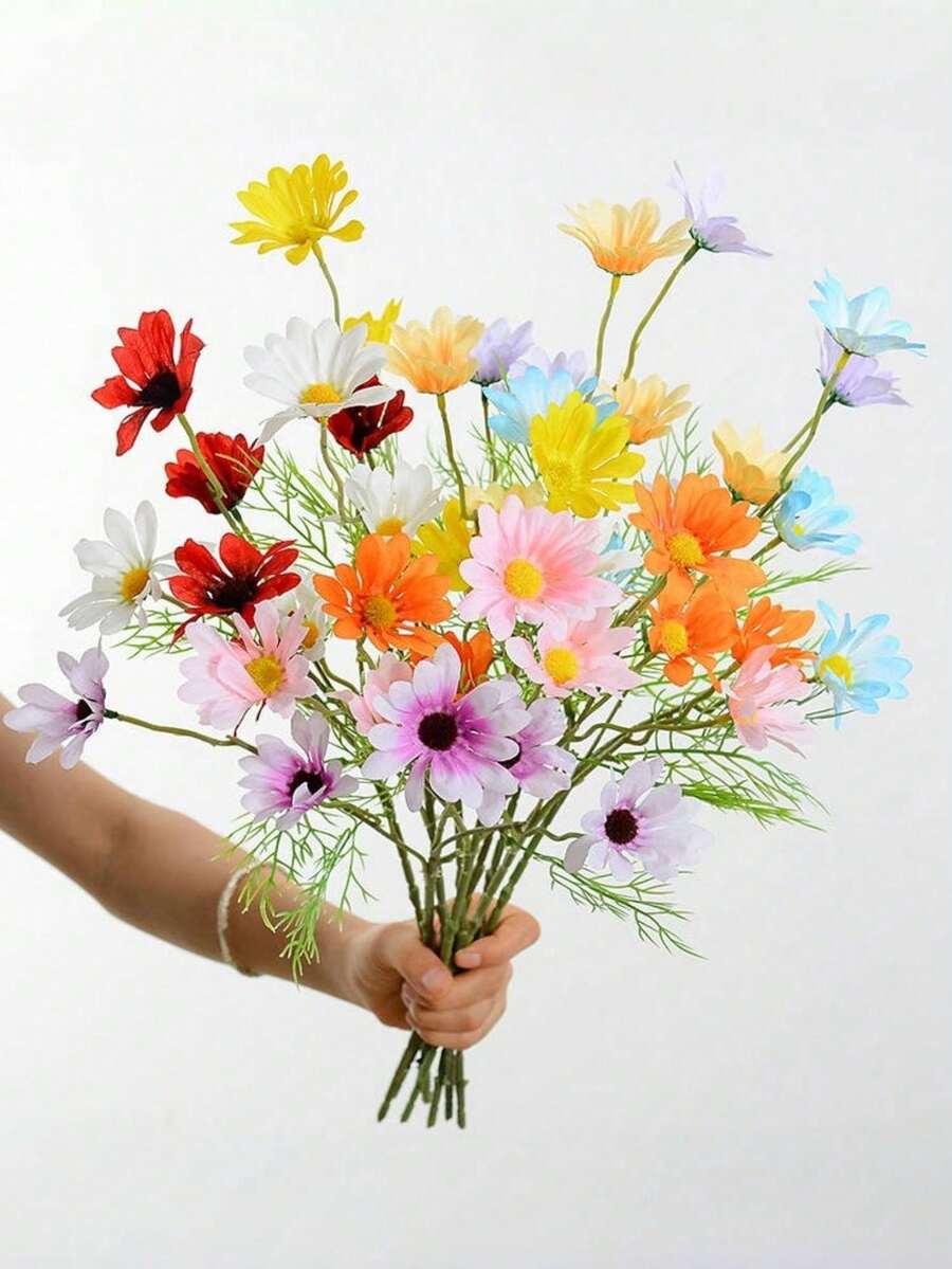 1/5件 20.5英吋人造春夏雛菊花束，5朵頭仿真花，適用於婚禮花藝布置、居家與客廳裝飾、派對裝飾、新娘花束、DIY手工、盆栽裝飾、花瓶填充，四季通用