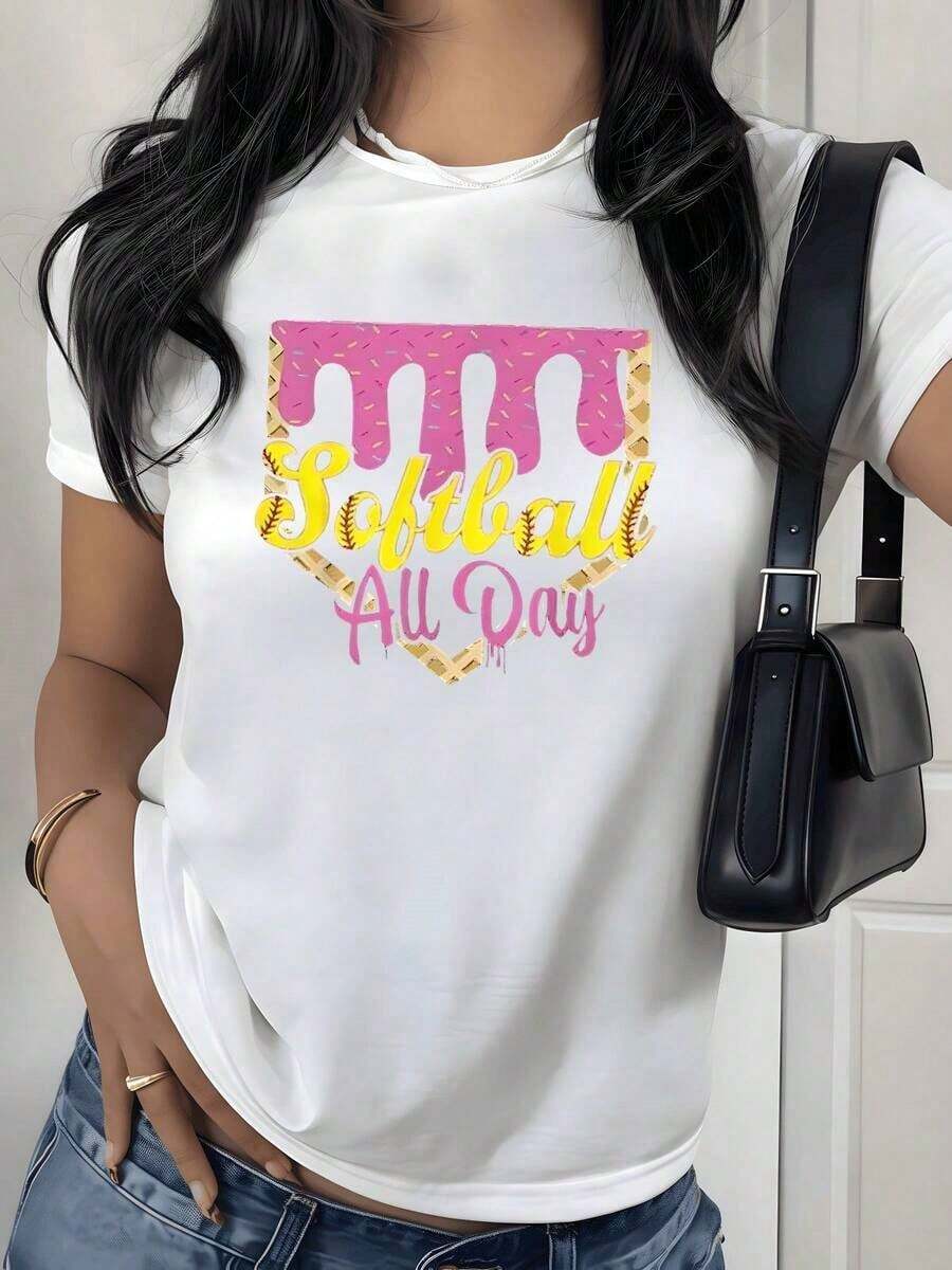 Camiseta con Estampado Gráfico de Softbol para Todo el Día, 180g, 1 Pieza, Temática Deportiva, Casual para Mujer, 100% Algodón, Ropa de Calle de Verano - Blanco - Ver 1