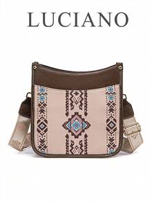 1 chiếc túi đeo chéo in họa tiết hình học phong cách Bohemian, túi đeo vai kiểu miền Tây nước Mỹ cổ điển, túi đeo chéo thiết kế độc đáo với quai rộng, túi nhiều lớp dung tích lớn, túi đeo chéo - màu nâu - Xem 10